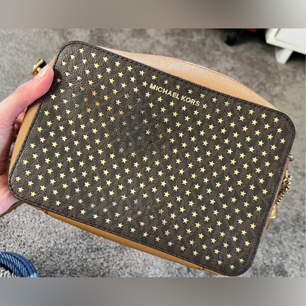Michael Kors Brown and Gold Crossbody Bag with Studded Design